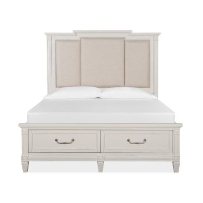 Magnussen Furniture Willowbrook Panel Storage Bed w/Upholstered Headboard in Egg Shell White